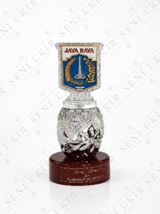 Premium Silver Shield DKI Jakarta Monas Award Trophy with Wooden Base